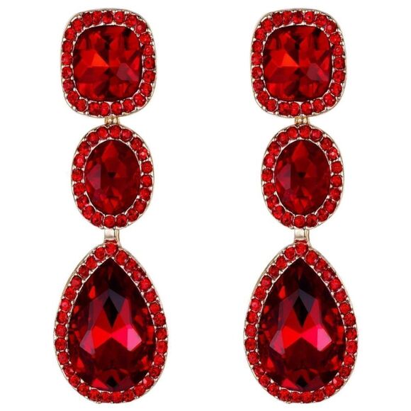 Yellow Gold with Ruby Red Austrian Crystal Dangling Chandelier Post Earrings - Picture 1 of 6